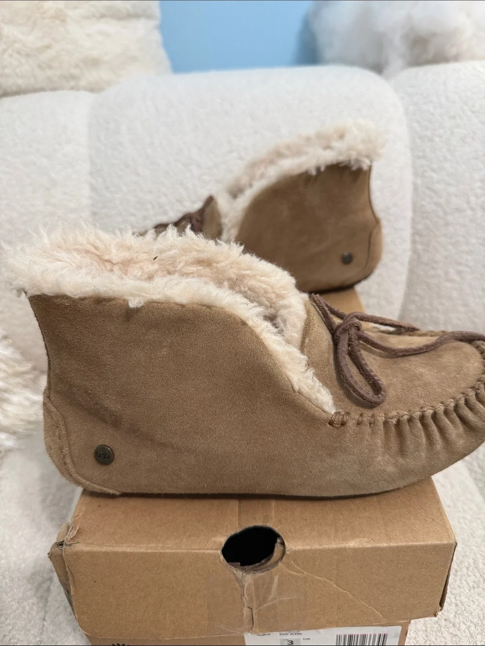 UGG Kids Chestnut Brown Suede Moccasin Slippers with Shearling Lining